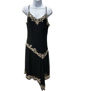 J Kara Size 10 Gold  Beaded Sequin Midi Black Asymmetrical Dress Adj Spag Straps